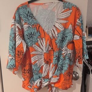 Floral V-Neck Tie-Front Top - Orange and Blue